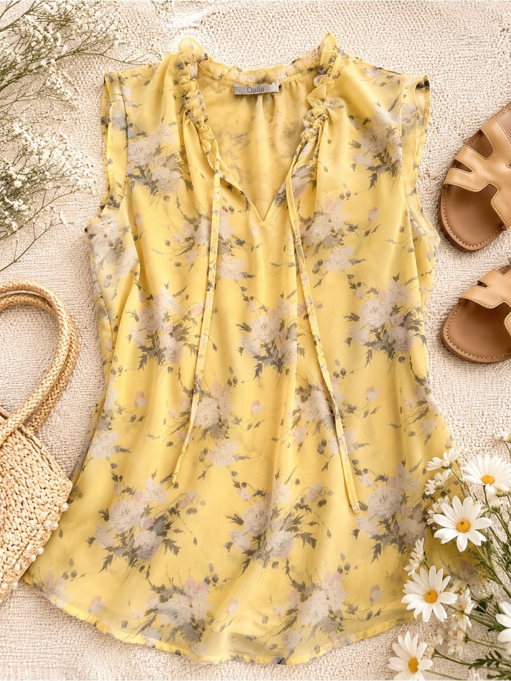 Dalia Yellow Floral Ruffle Neck Sleeveless Blouse Size Medium